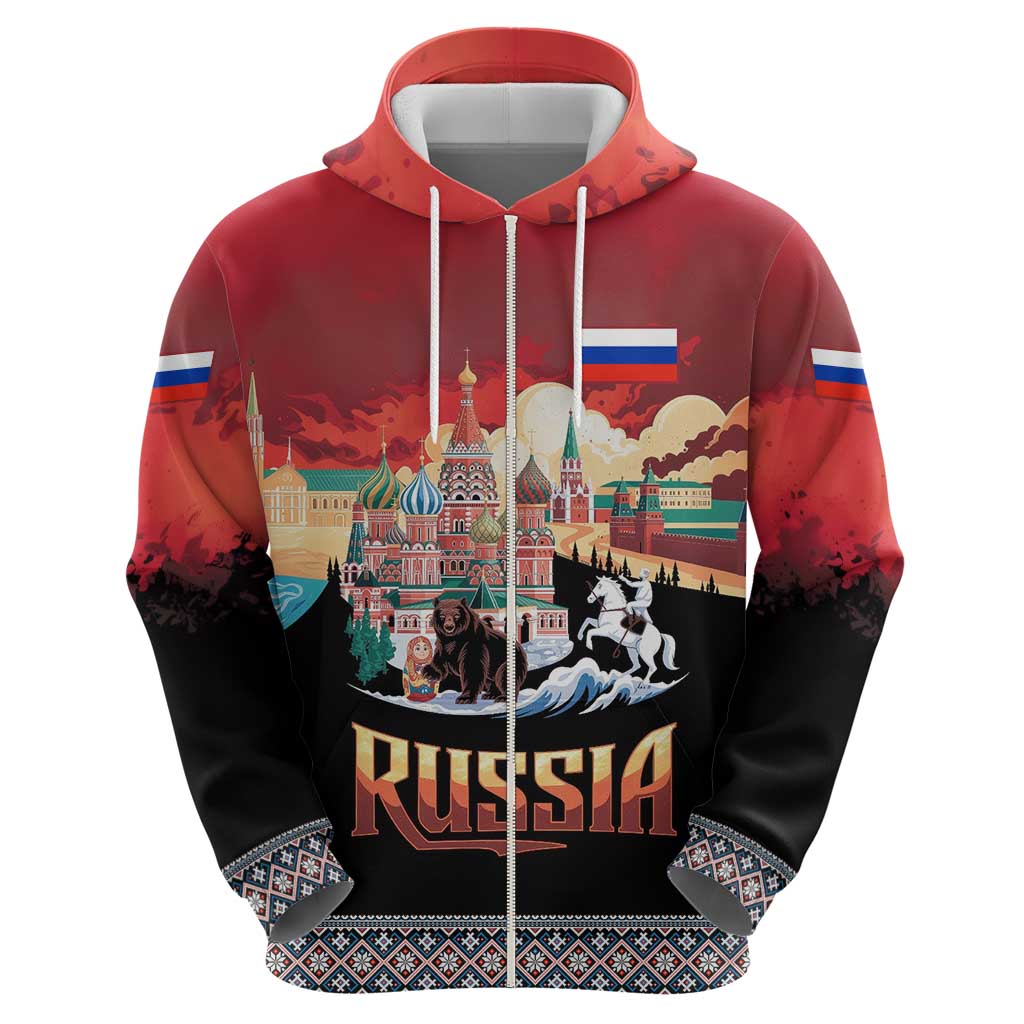 Russia Flag Red and Black Pullover Hoodie with Moscow Skyline Bear and Horse Design
