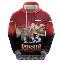 Russia Flag Red and Black Pullover Hoodie with Moscow Skyline Bear and Horse Design