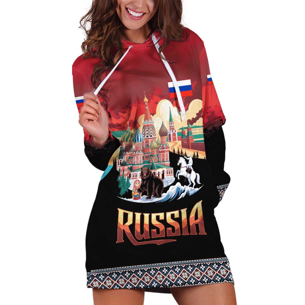 Russia Flag Red and Black Pullover Hoodie Dress with Moscow Skyline Bear and Horse Design