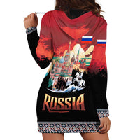 Russia Flag Red and Black Pullover Hoodie Dress with Moscow Skyline Bear and Horse Design