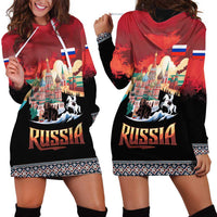 Russia Flag Red and Black Pullover Hoodie Dress with Moscow Skyline Bear and Horse Design