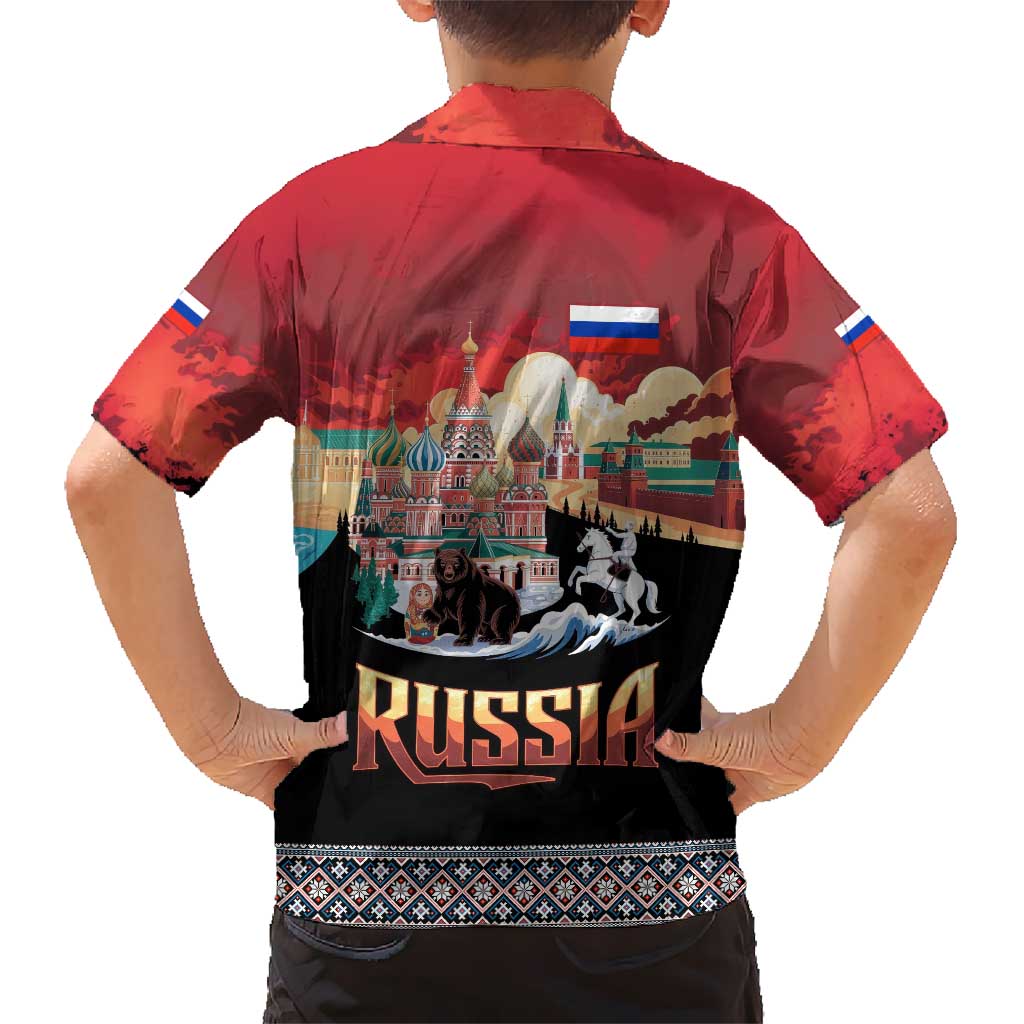 Russia Flag Red and Black Pullover Kid Hawaiian Shirt with Moscow Skyline Bear and Horse Design