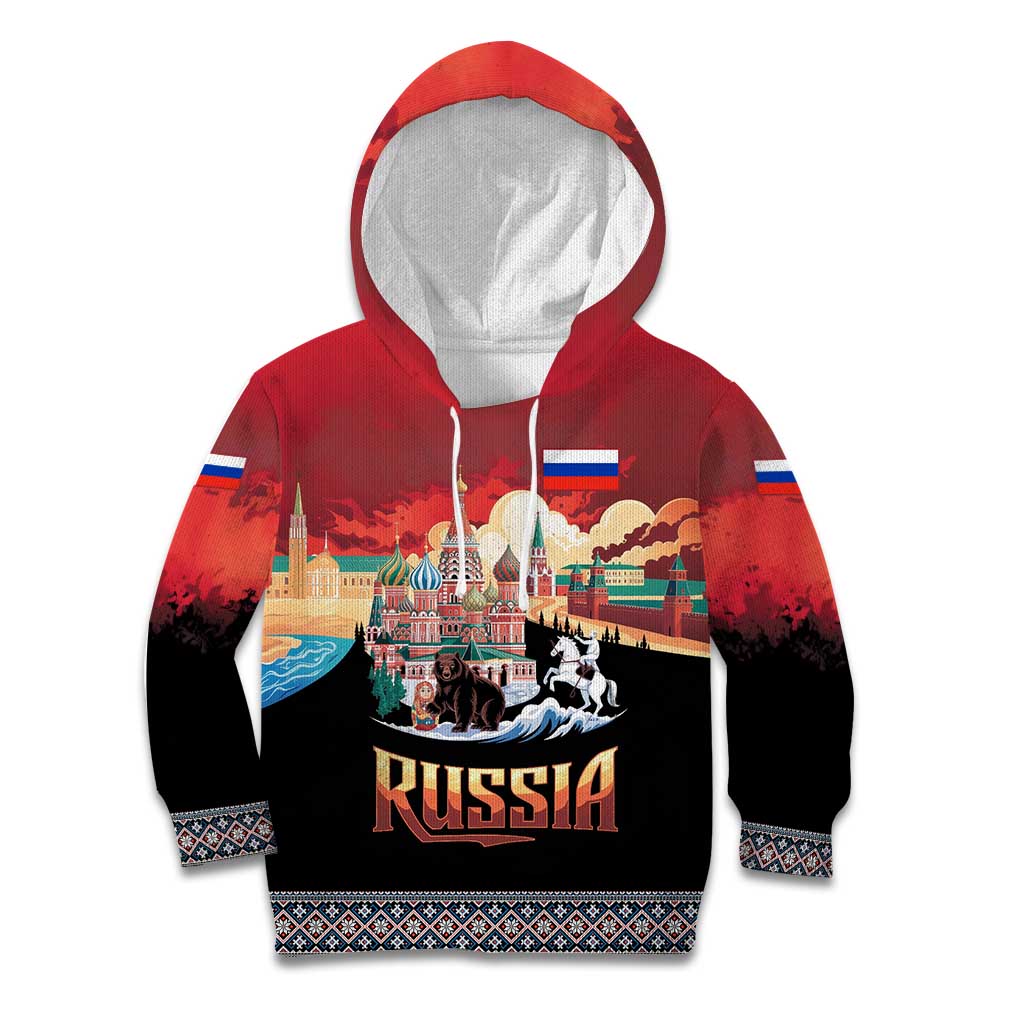 Russia Flag Red and Black Pullover Kid Hoodie with Moscow Skyline Bear and Horse Design