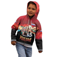Russia Flag Red and Black Pullover Kid Hoodie with Moscow Skyline Bear and Horse Design