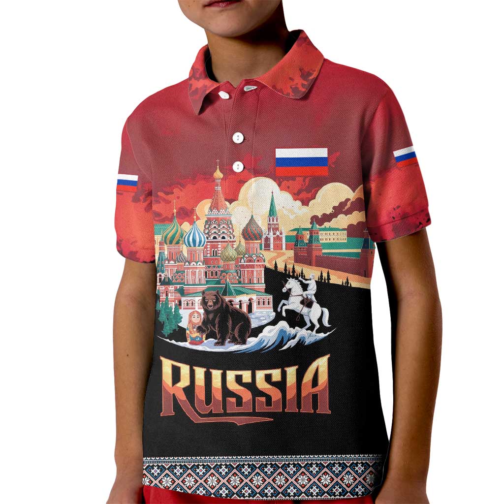 Russia Flag Red and Black Pullover Kid Polo Shirt with Moscow Skyline Bear and Horse Design