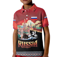 Russia Flag Red and Black Pullover Kid Polo Shirt with Moscow Skyline Bear and Horse Design