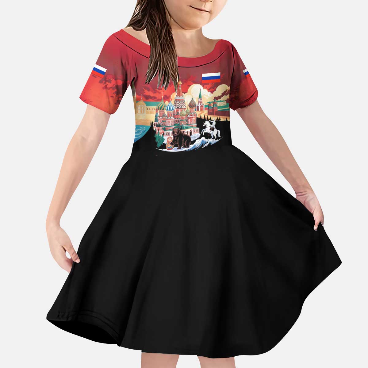 Russia Flag Red and Black Pullover Kid Short Sleeve Dress with Moscow Skyline Bear and Horse Design
