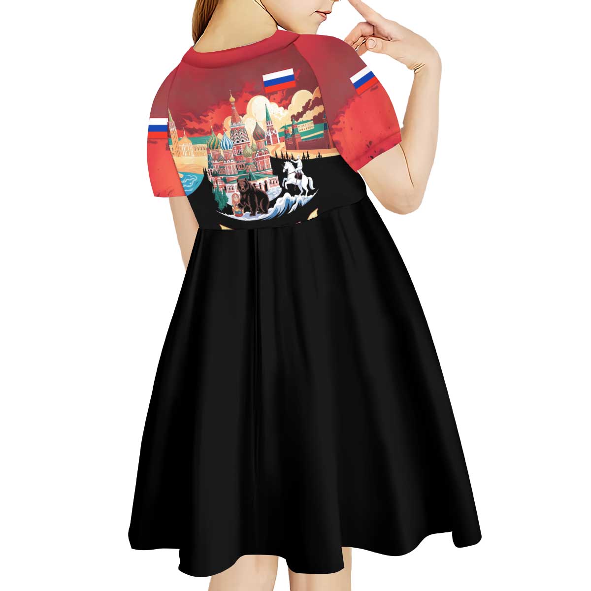 Russia Flag Red and Black Pullover Kid Short Sleeve Dress with Moscow Skyline Bear and Horse Design