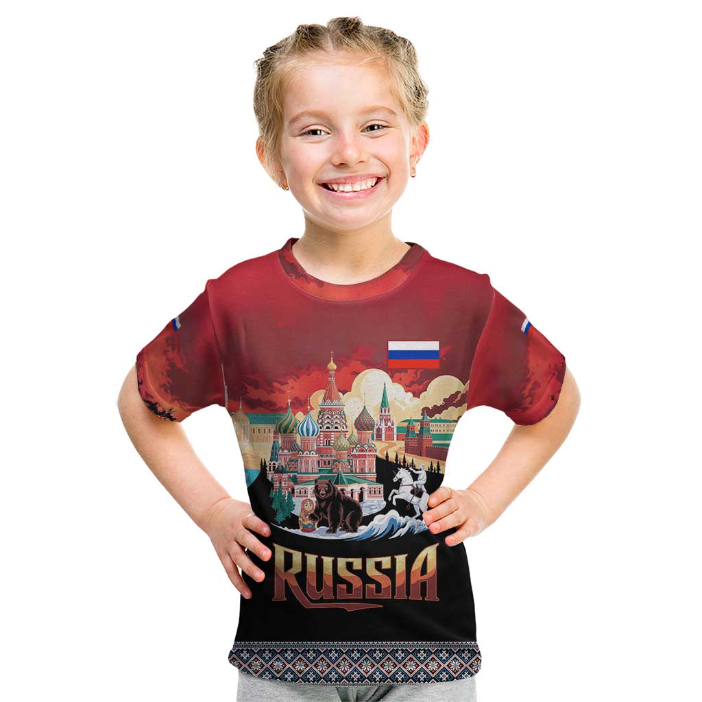Russia Flag Red and Black Pullover Kid T Shirt with Moscow Skyline Bear and Horse Design