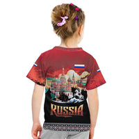 Russia Flag Red and Black Pullover Kid T Shirt with Moscow Skyline Bear and Horse Design