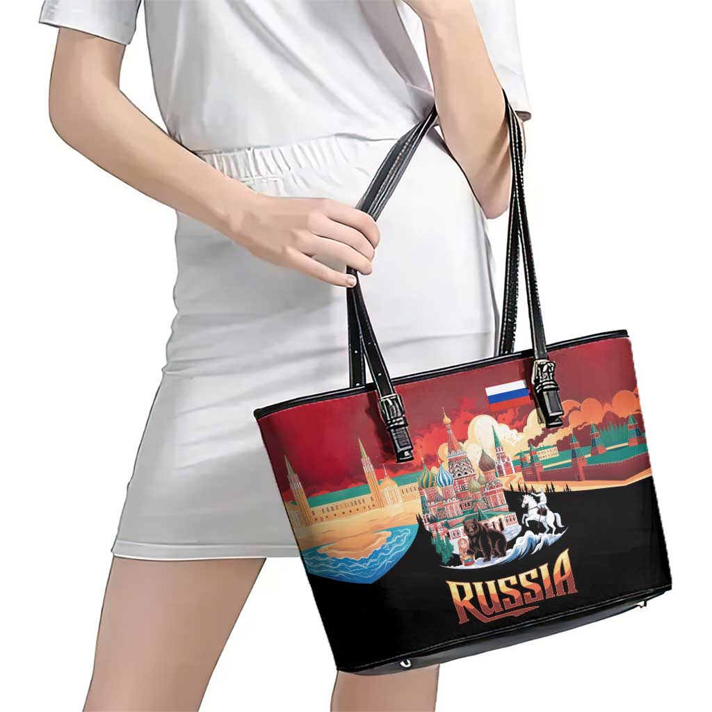 Russia Flag Red and Black Pullover Leather Tote Bag with Moscow Skyline Bear and Horse Design