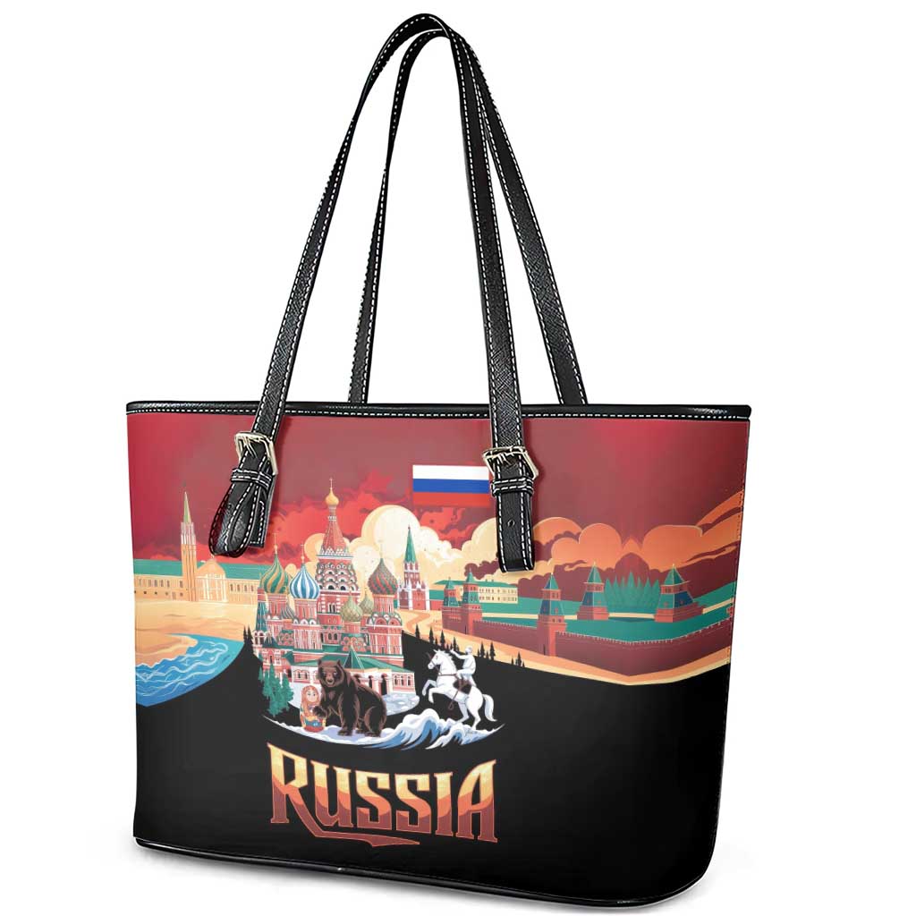 Russia Flag Red and Black Pullover Leather Tote Bag with Moscow Skyline Bear and Horse Design