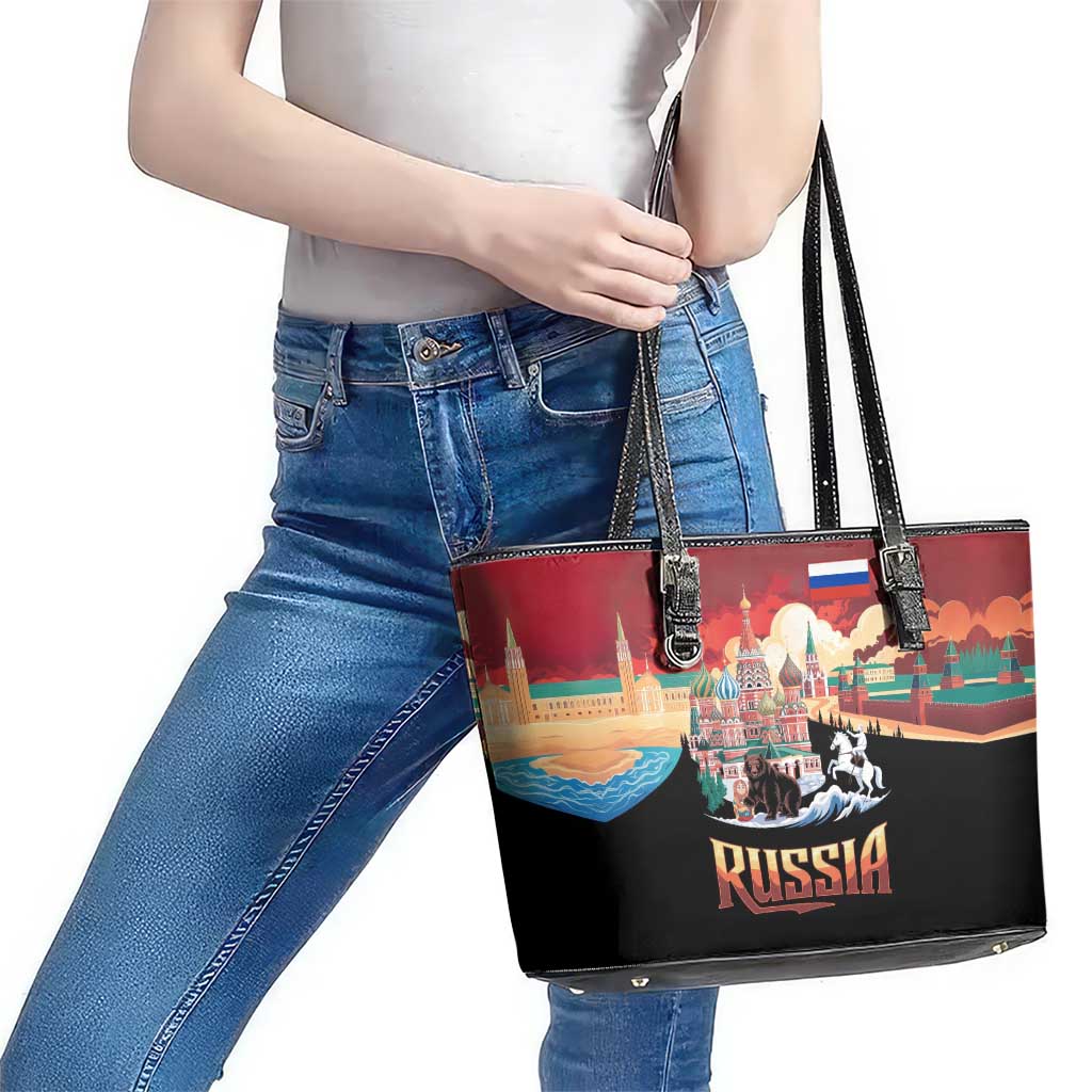 Russia Flag Red and Black Pullover Leather Tote Bag with Moscow Skyline Bear and Horse Design