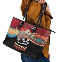 Russia Flag Red and Black Pullover Leather Tote Bag with Moscow Skyline Bear and Horse Design
