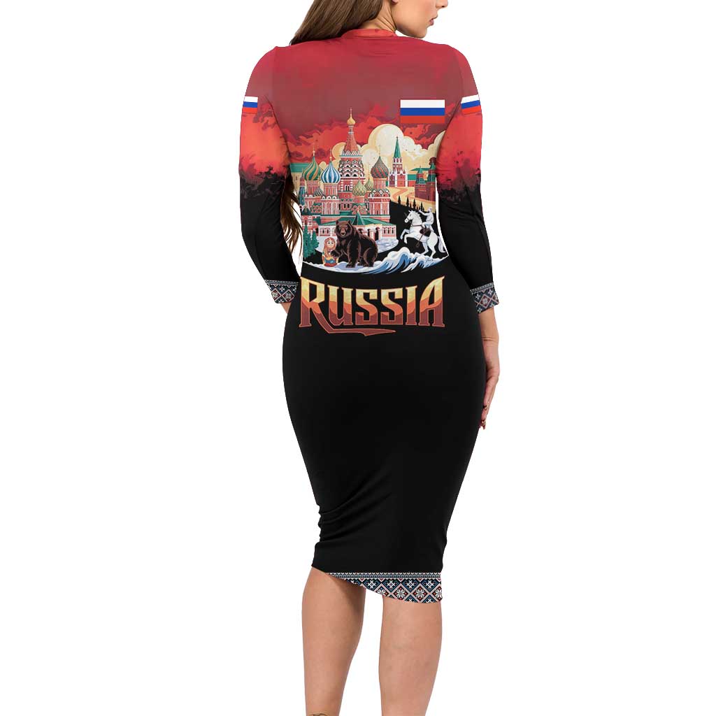 Russia Flag Red and Black Pullover Long Sleeve Bodycon Dress with Moscow Skyline Bear and Horse Design