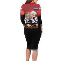 Russia Flag Red and Black Pullover Long Sleeve Bodycon Dress with Moscow Skyline Bear and Horse Design