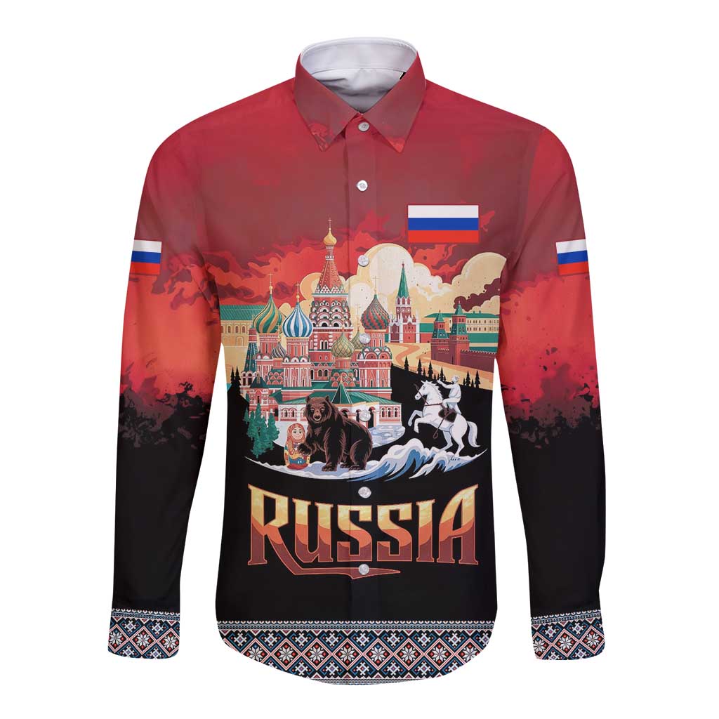 Russia Flag Red and Black Pullover Long Sleeve Button Shirt with Moscow Skyline Bear and Horse Design