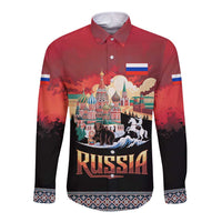 Russia Flag Red and Black Pullover Long Sleeve Button Shirt with Moscow Skyline Bear and Horse Design