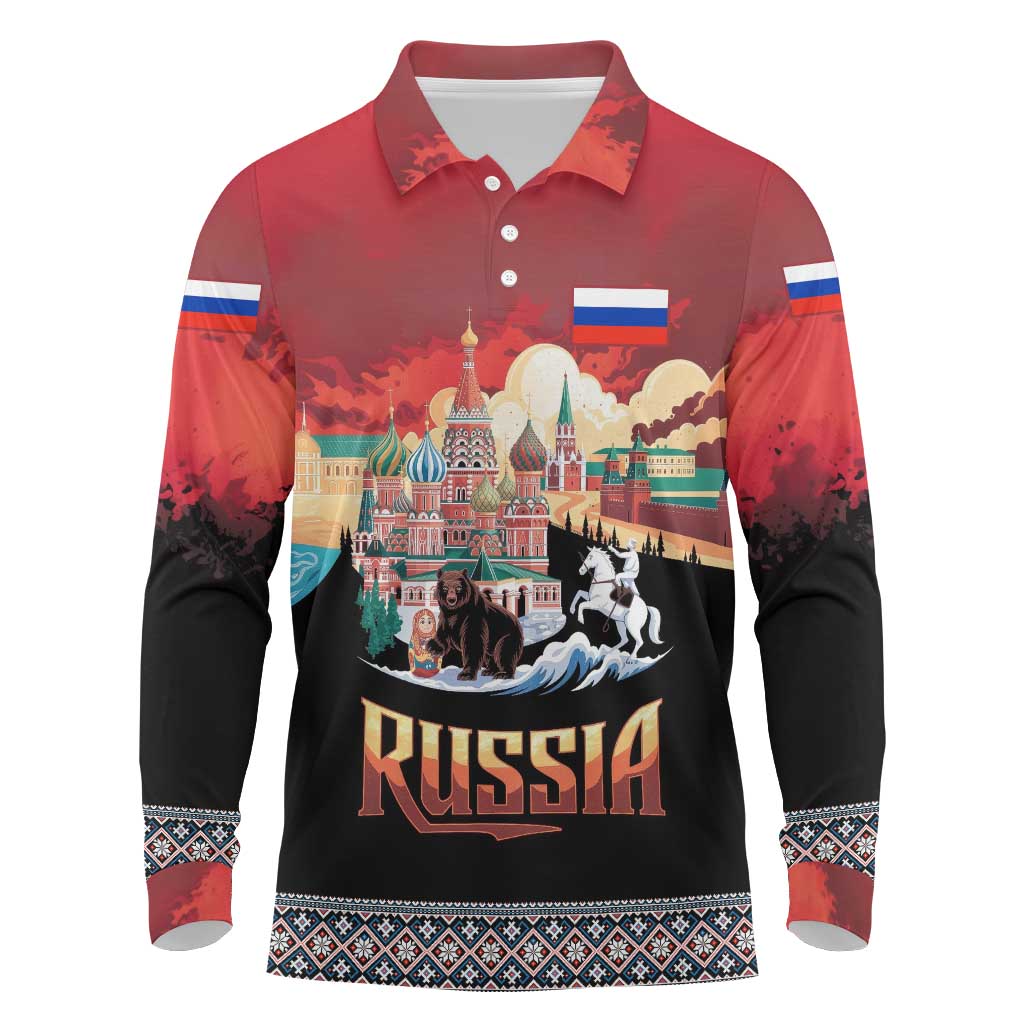 Russia Flag Red and Black Pullover Long Sleeve Polo Shirt with Moscow Skyline Bear and Horse Design