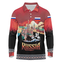 Russia Flag Red and Black Pullover Long Sleeve Polo Shirt with Moscow Skyline Bear and Horse Design