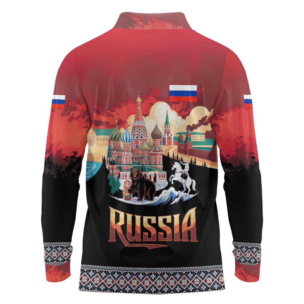 Russia Flag Red and Black Pullover Long Sleeve Polo Shirt with Moscow Skyline Bear and Horse Design