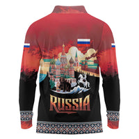 Russia Flag Red and Black Pullover Long Sleeve Polo Shirt with Moscow Skyline Bear and Horse Design
