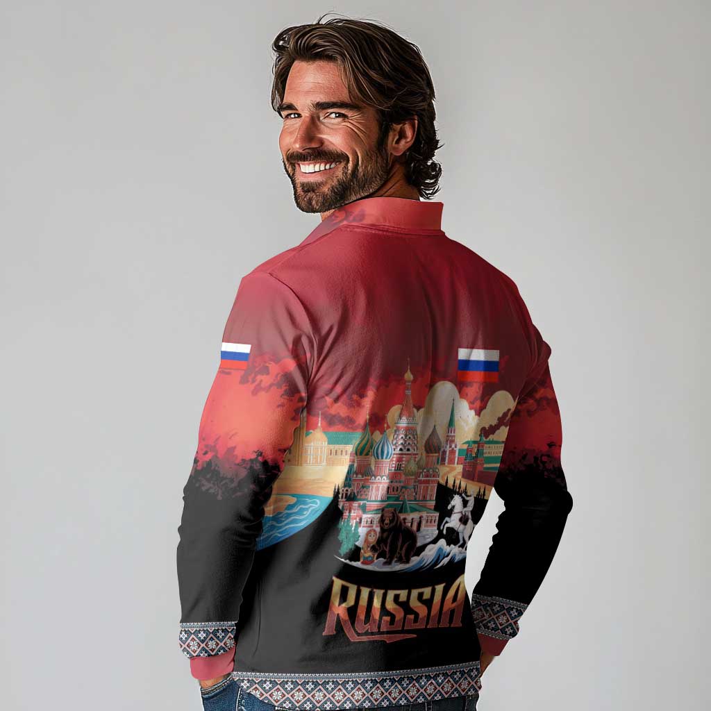 Russia Flag Red and Black Pullover Long Sleeve Polo Shirt with Moscow Skyline Bear and Horse Design