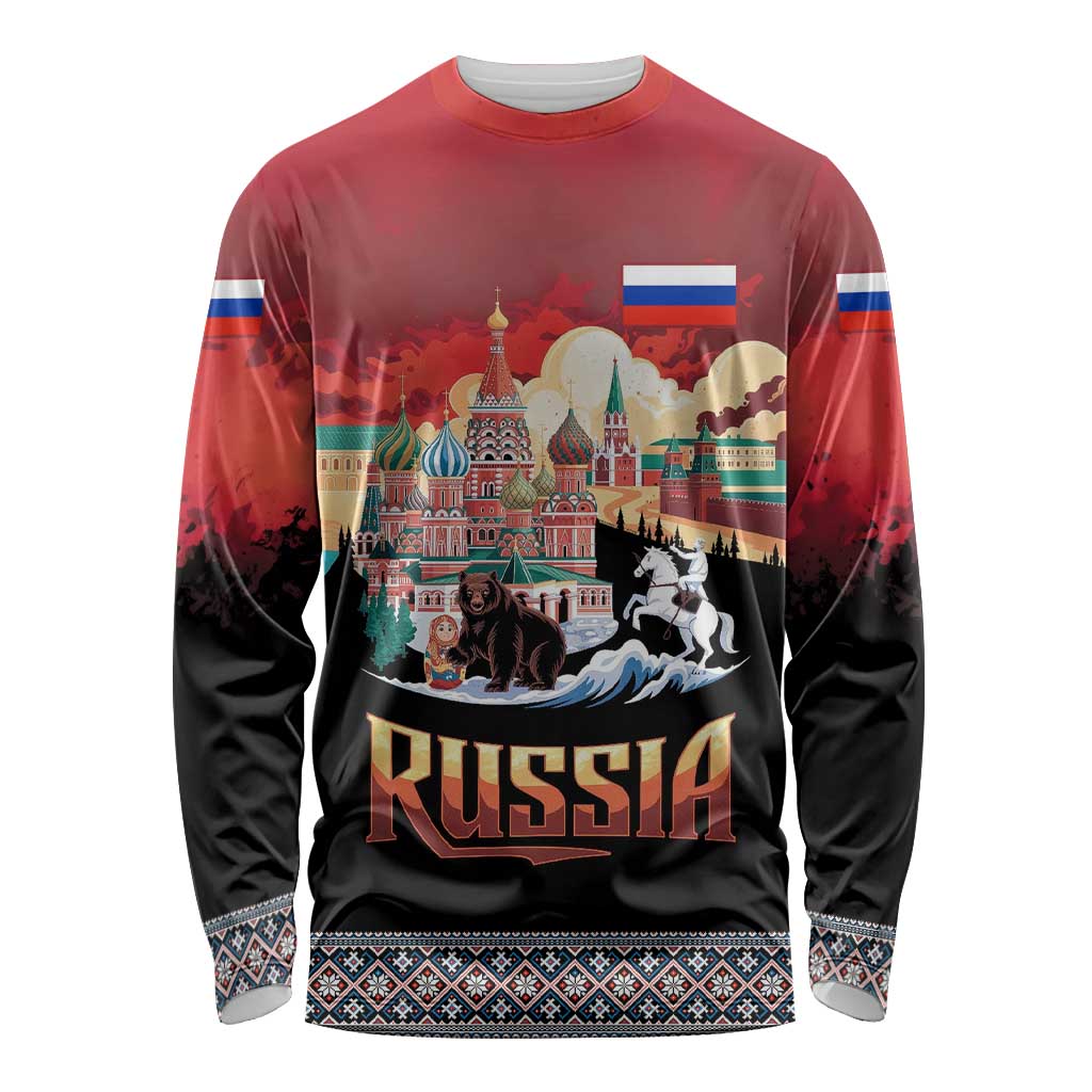 Russia Flag Red and Black Pullover Long Sleeve Shirt with Moscow Skyline Bear and Horse Design