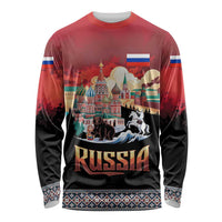 Russia Flag Red and Black Pullover Long Sleeve Shirt with Moscow Skyline Bear and Horse Design