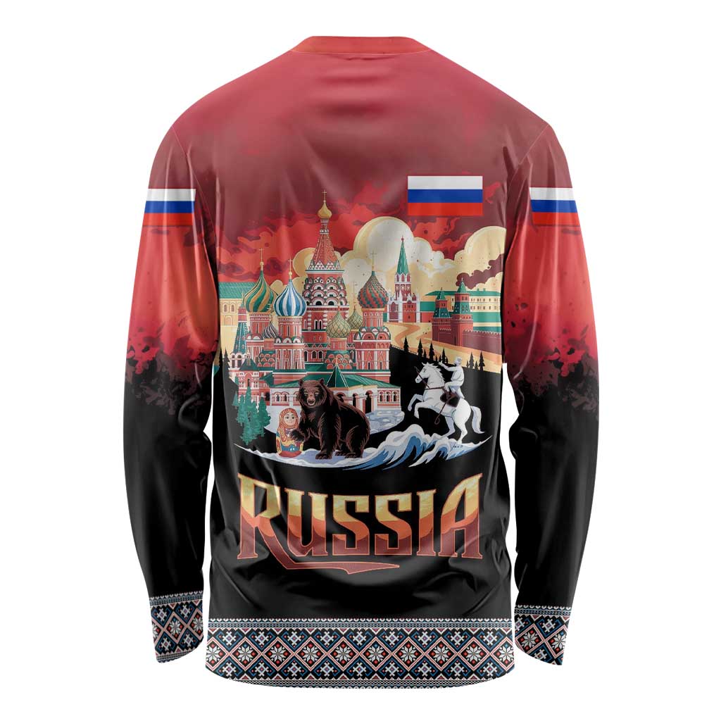 Russia Flag Red and Black Pullover Long Sleeve Shirt with Moscow Skyline Bear and Horse Design