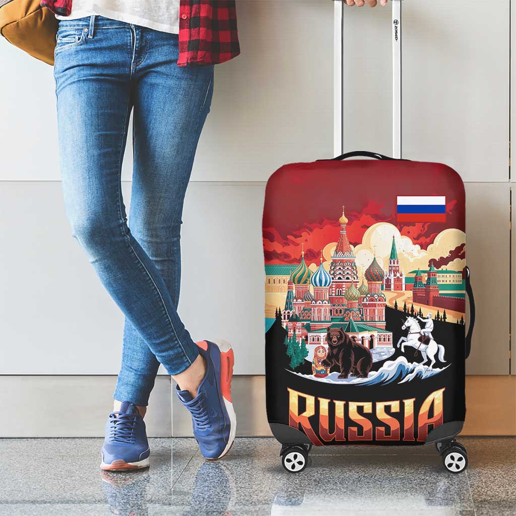 Russia Flag Red and Black Pullover Luggage Cover with Moscow Skyline Bear and Horse Design