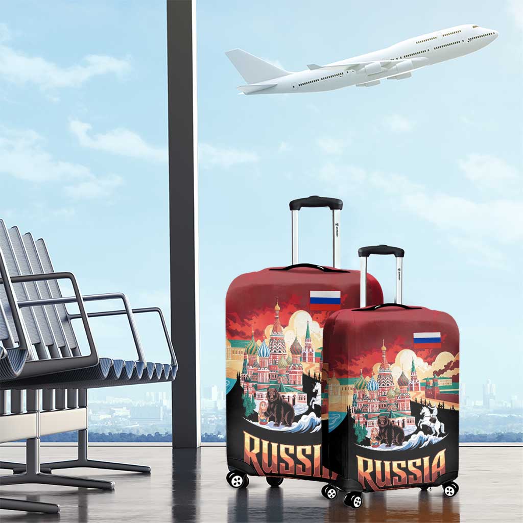 Russia Flag Red and Black Pullover Luggage Cover with Moscow Skyline Bear and Horse Design