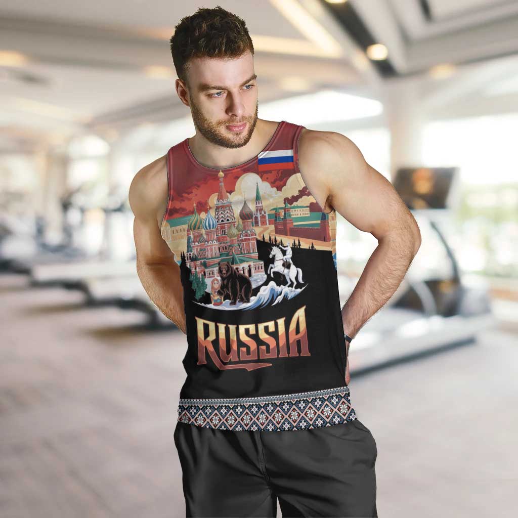 Russia Flag Red and Black Pullover Men Tank Top with Moscow Skyline Bear and Horse Design