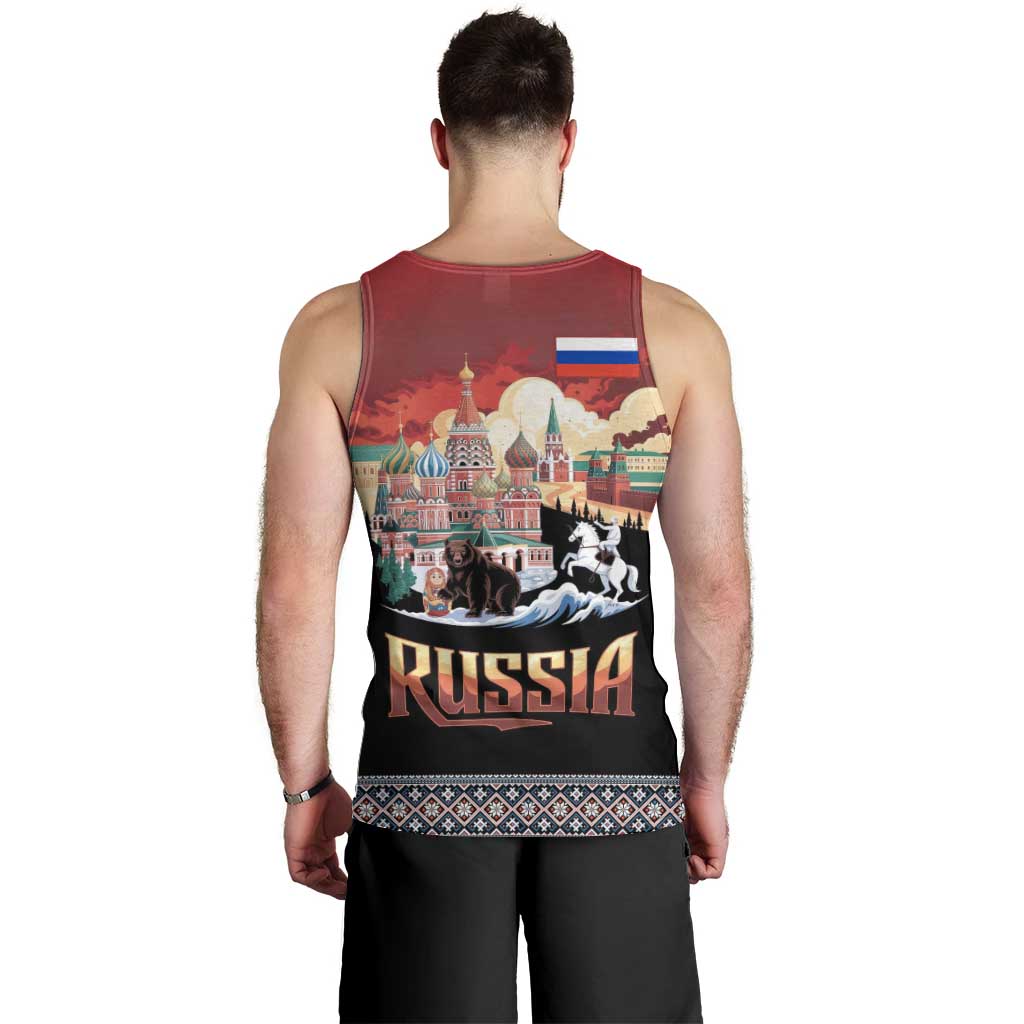 Russia Flag Red and Black Pullover Men Tank Top with Moscow Skyline Bear and Horse Design