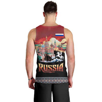 Russia Flag Red and Black Pullover Men Tank Top with Moscow Skyline Bear and Horse Design