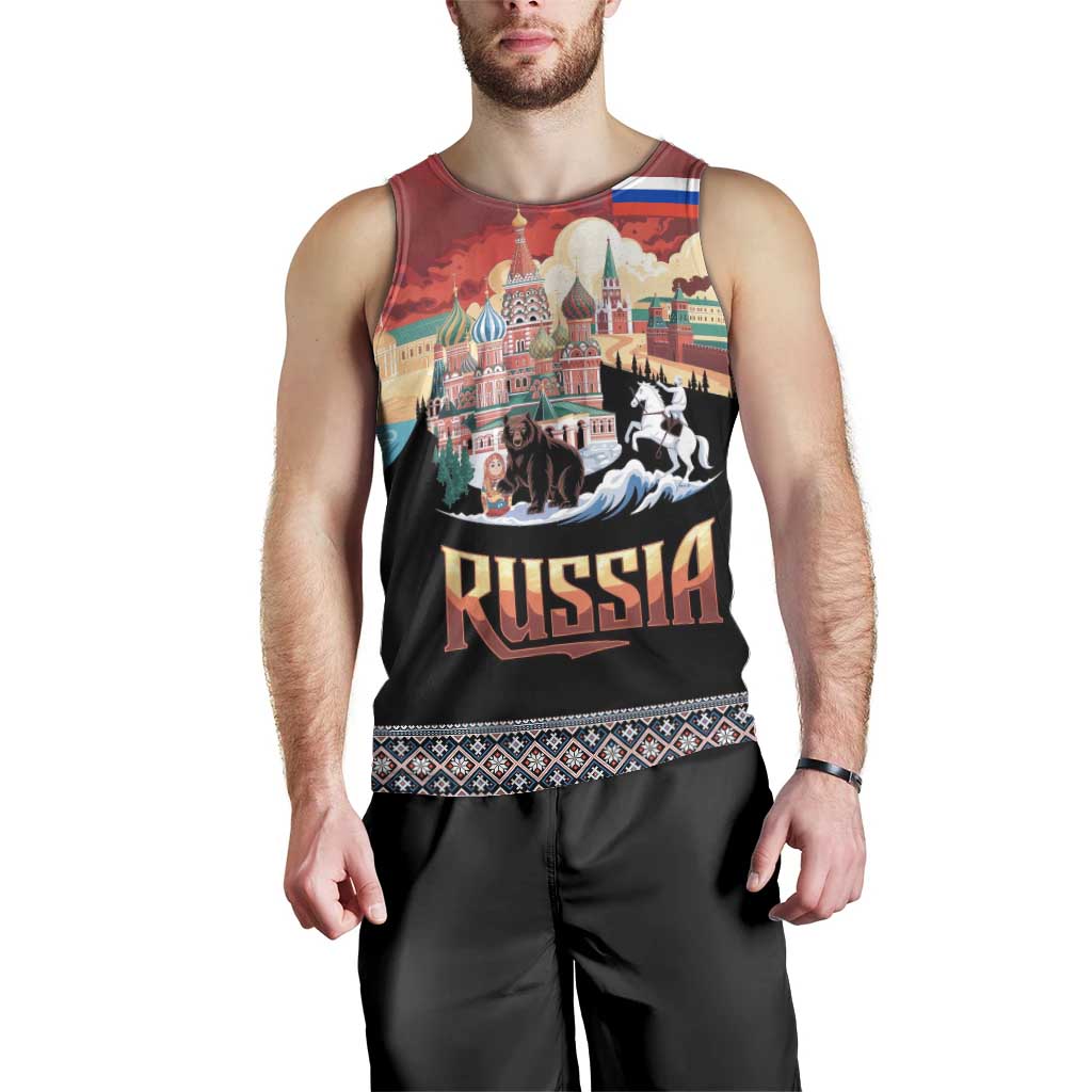 Russia Flag Red and Black Pullover Men Tank Top with Moscow Skyline Bear and Horse Design
