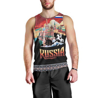Russia Flag Red and Black Pullover Men Tank Top with Moscow Skyline Bear and Horse Design