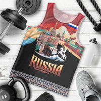 Russia Flag Red and Black Pullover Men Tank Top with Moscow Skyline Bear and Horse Design