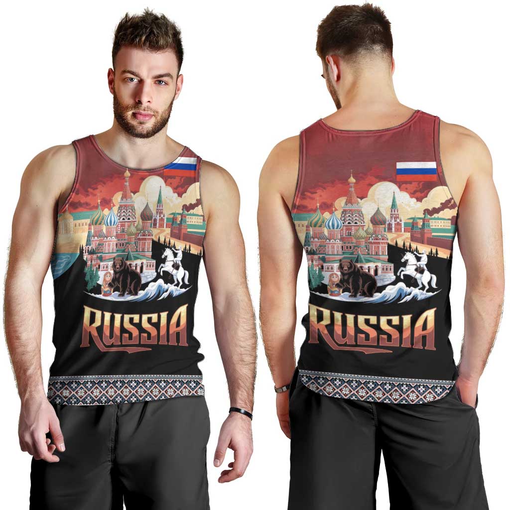 Russia Flag Red and Black Pullover Men Tank Top with Moscow Skyline Bear and Horse Design