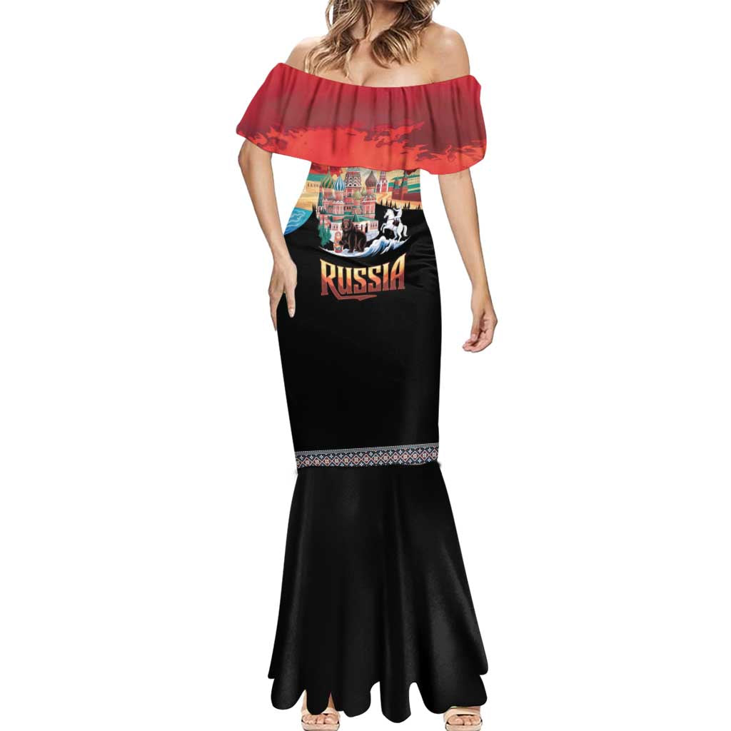 Russia Flag Red and Black Pullover Mermaid Dress with Moscow Skyline Bear and Horse Design