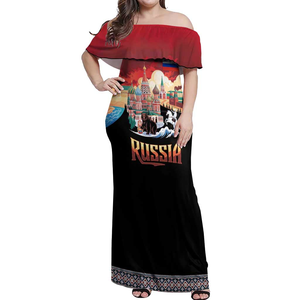 Russia Flag Red and Black Pullover Off Shoulder Maxi Dress with Moscow Skyline Bear and Horse Design
