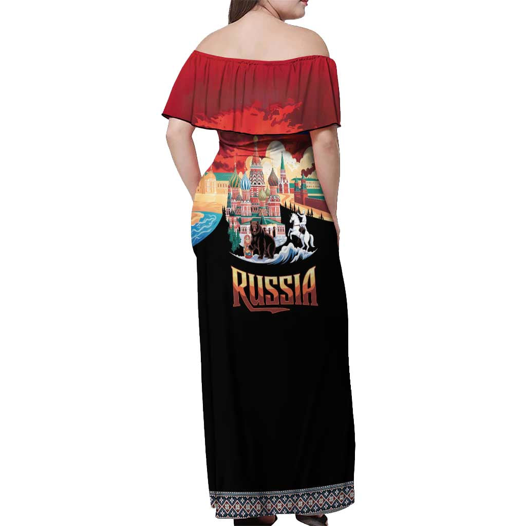 Russia Flag Red and Black Pullover Off Shoulder Maxi Dress with Moscow Skyline Bear and Horse Design