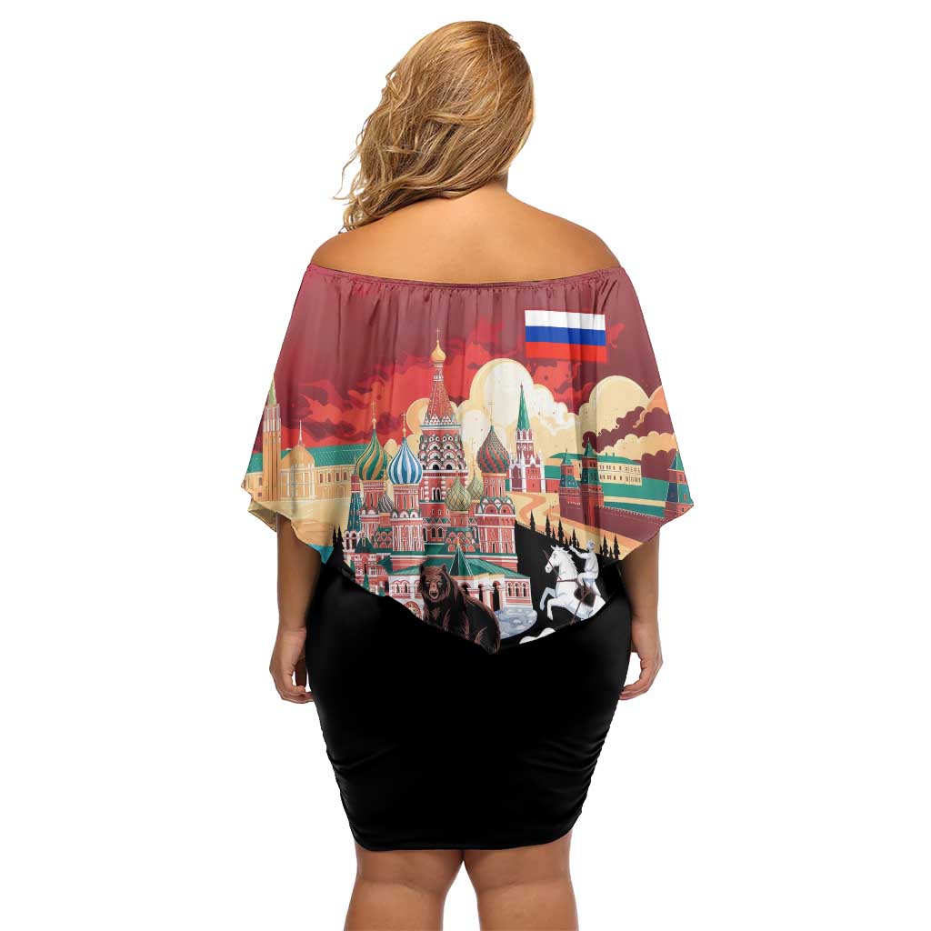 Russia Flag Red and Black Pullover Off Shoulder Short Dress with Moscow Skyline Bear and Horse Design