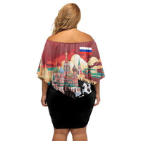 Russia Flag Red and Black Pullover Off Shoulder Short Dress with Moscow Skyline Bear and Horse Design