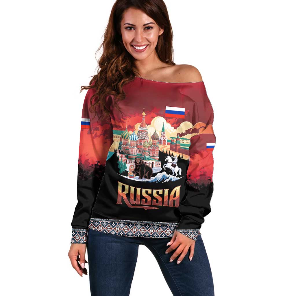 Russia Flag Red and Black Pullover Off Shoulder Sweater with Moscow Skyline Bear and Horse Design