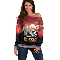 Russia Flag Red and Black Pullover Off Shoulder Sweater with Moscow Skyline Bear and Horse Design