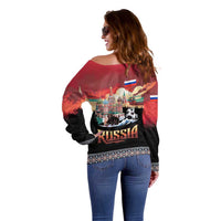 Russia Flag Red and Black Pullover Off Shoulder Sweater with Moscow Skyline Bear and Horse Design