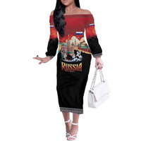 Russia Flag Red and Black Pullover Off The Shoulder Long Sleeve Dress with Moscow Skyline Bear and Horse Design