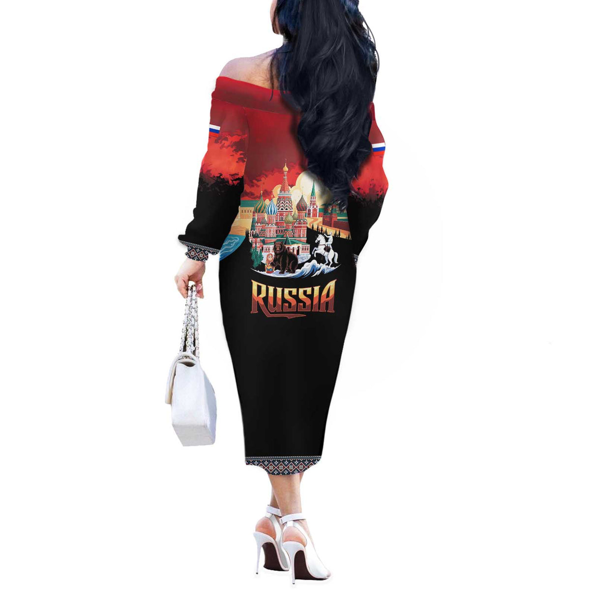 Russia Flag Red and Black Pullover Off The Shoulder Long Sleeve Dress with Moscow Skyline Bear and Horse Design