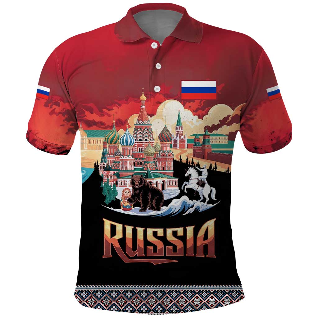 Russia Flag Red and Black Pullover Polo Shirt with Moscow Skyline Bear and Horse Design